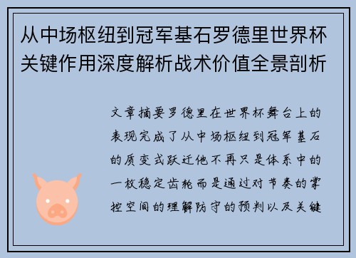 从中场枢纽到冠军基石罗德里世界杯关键作用深度解析战术价值全景剖析